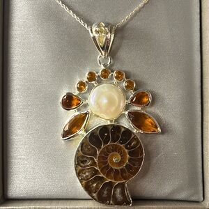 Ammonite Fossil,Pearl, and gemstone pendant